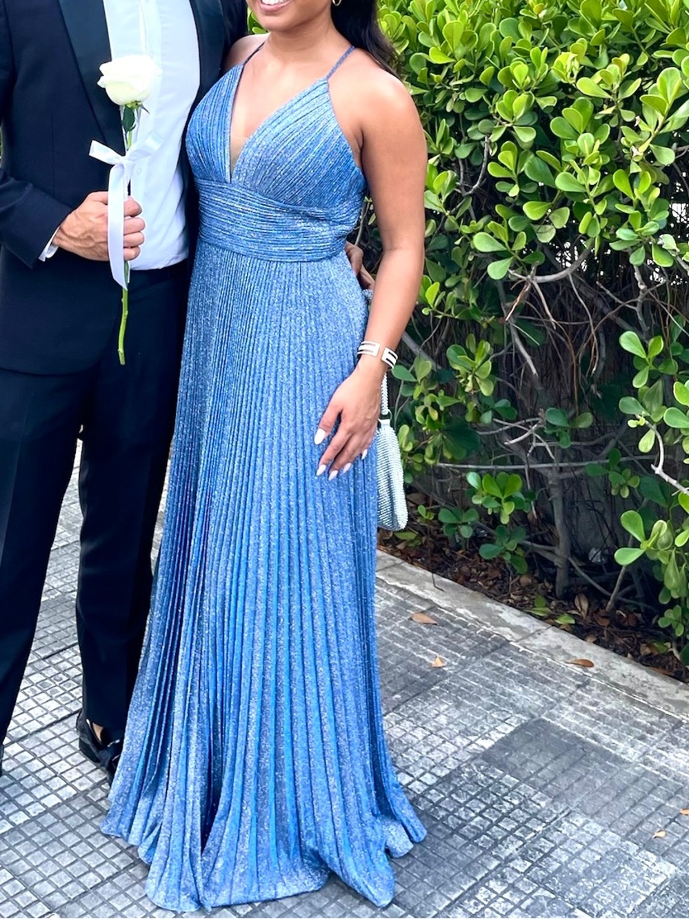 Mac Duggal Blue Metallic Pleated V-Neck Evening Gown